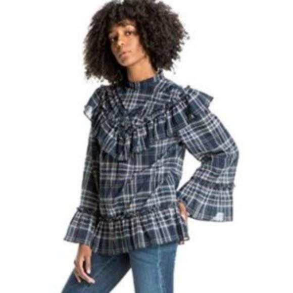 NWT Plaid Ruffle Max Studio Peasant Blouse Top - Picture 5 of 5